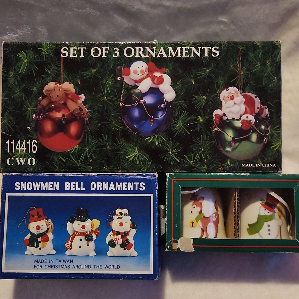Vintage, Holiday Ornament Set, Snowmen, Santa, Reindeer, Vintage Christmas Bells